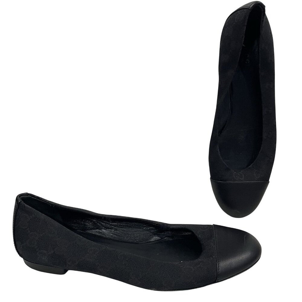 Gucci Black Canvas and Leather Cap Toe Ballet Flats